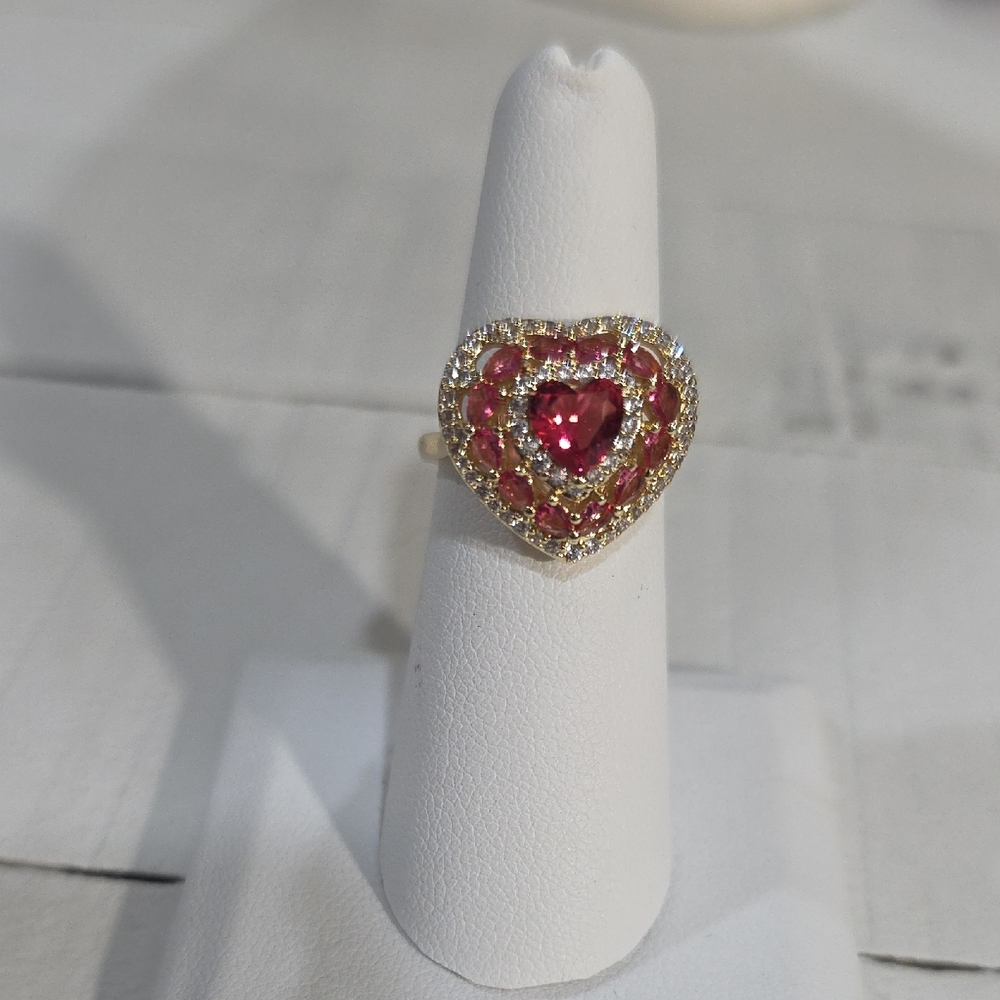 Elegant 14k Gold Plated Heart-Shaped Red Gemstone Ring